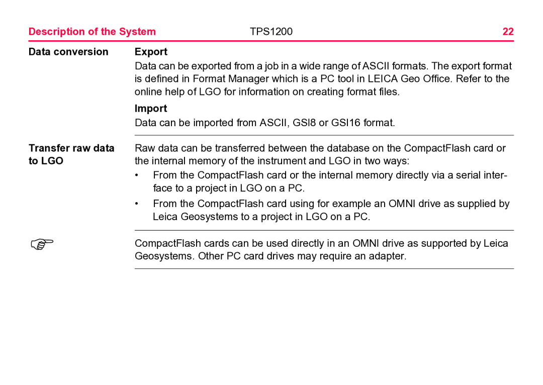 Leica TPS1200 user manual Data conversion Transfer raw data to LGO Export, Import 