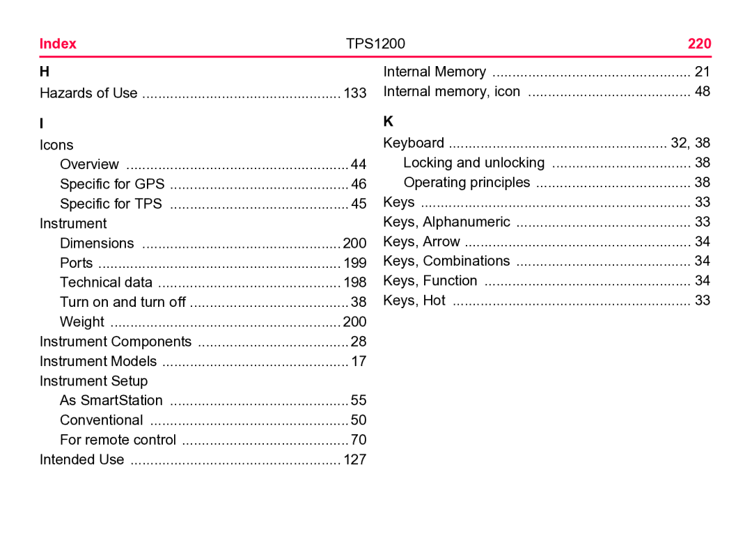 Leica user manual Index TPS1200 220, Locking and unlocking 