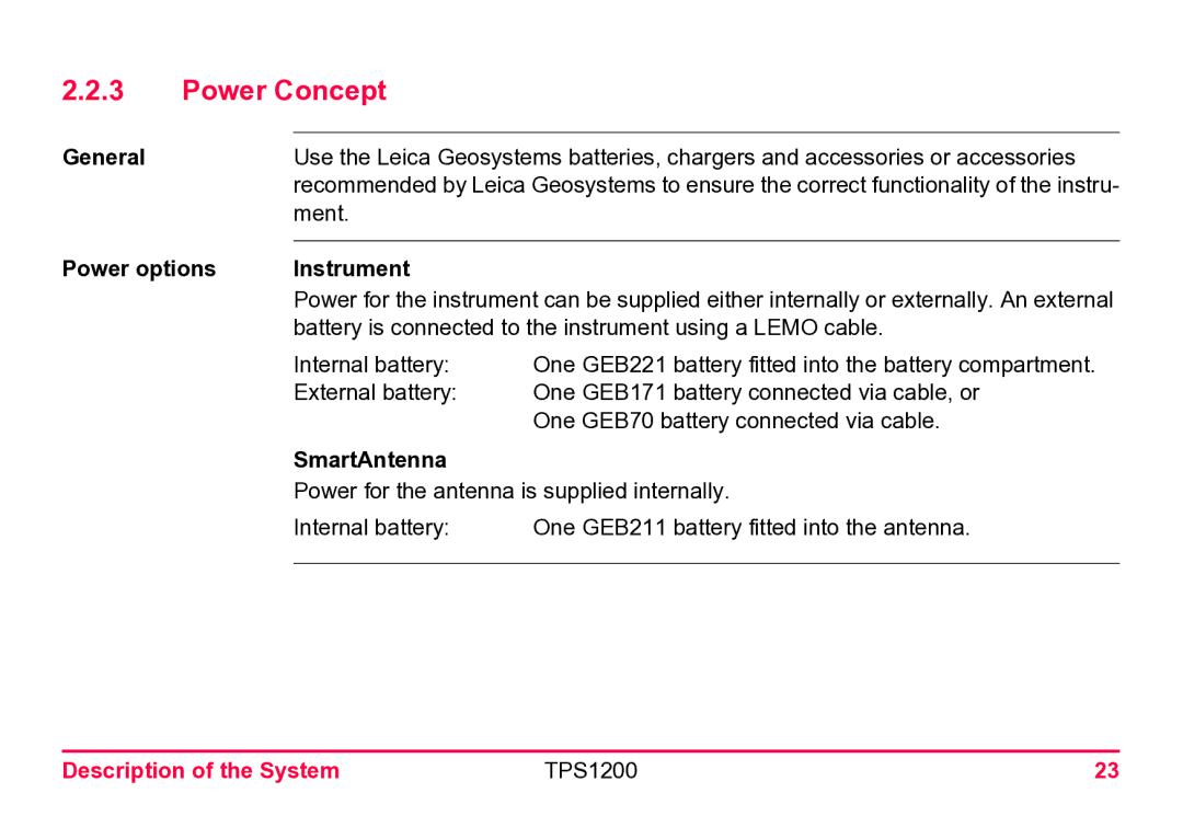 Leica TPS1200 user manual Power Concept, General, Power options Instrument, SmartAntenna 