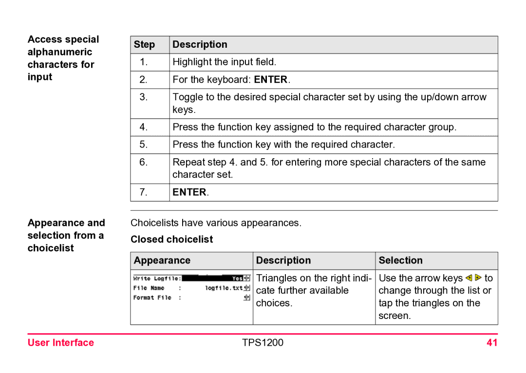 Leica TPS1200 user manual Step Description, Closed choicelist Appearance Description Selection 