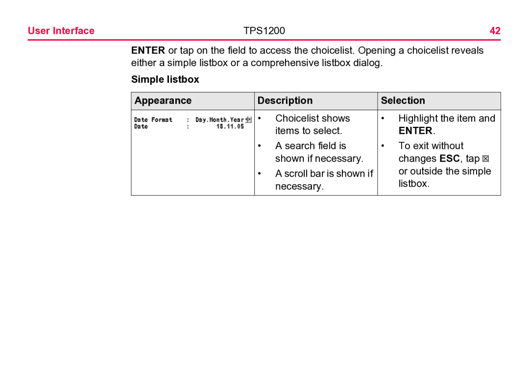 Leica TPS1200 user manual Simple listbox Appearance Description Selection 