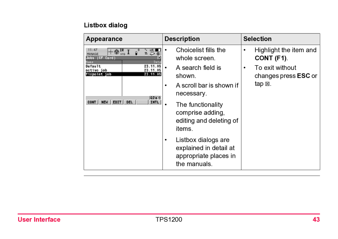 Leica TPS1200 user manual Listbox dialog Appearance Description Selection 