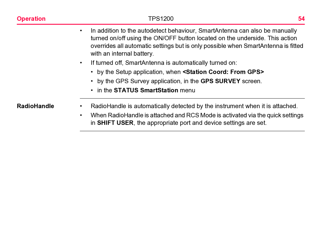 Leica TPS1200 user manual Status SmartStation menu RadioHandle 