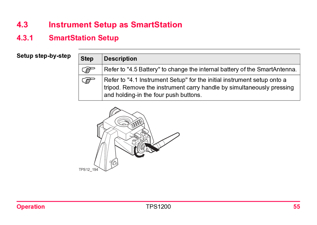 Leica TPS1200 user manual Instrument Setup as SmartStation, SmartStation Setup, Setup step-by-step Step Description 