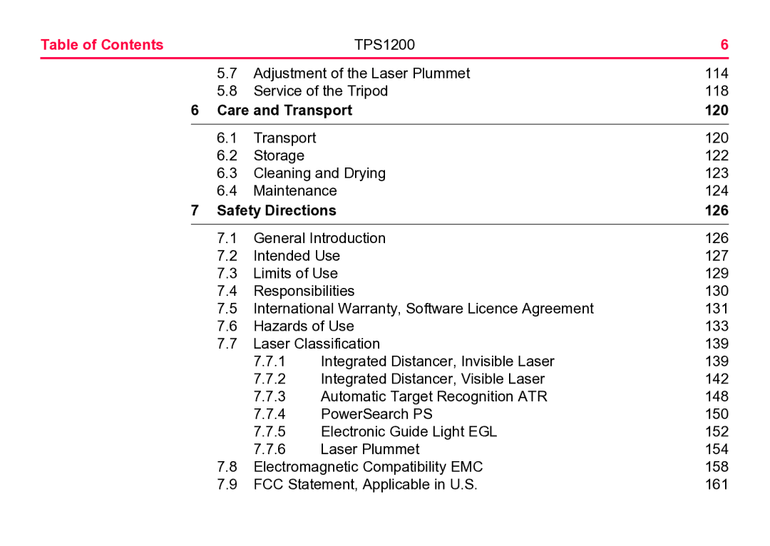 Leica TPS1200 user manual Care and Transport 120, Safety Directions 126 