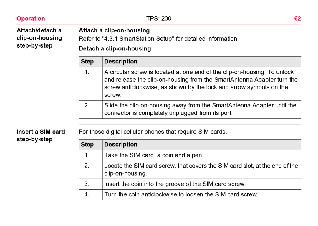 Leica TPS1200 user manual Attach a clip-on-housing, Detach a clip-on-housing Step Description 