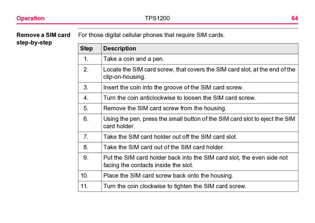 Leica TPS1200 user manual Remove a SIM card step-by-step 