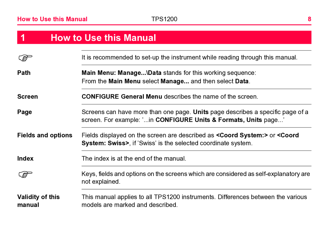 Leica user manual How to Use this Manual TPS1200, Index, Validity of this, Manual Models are marked and described 