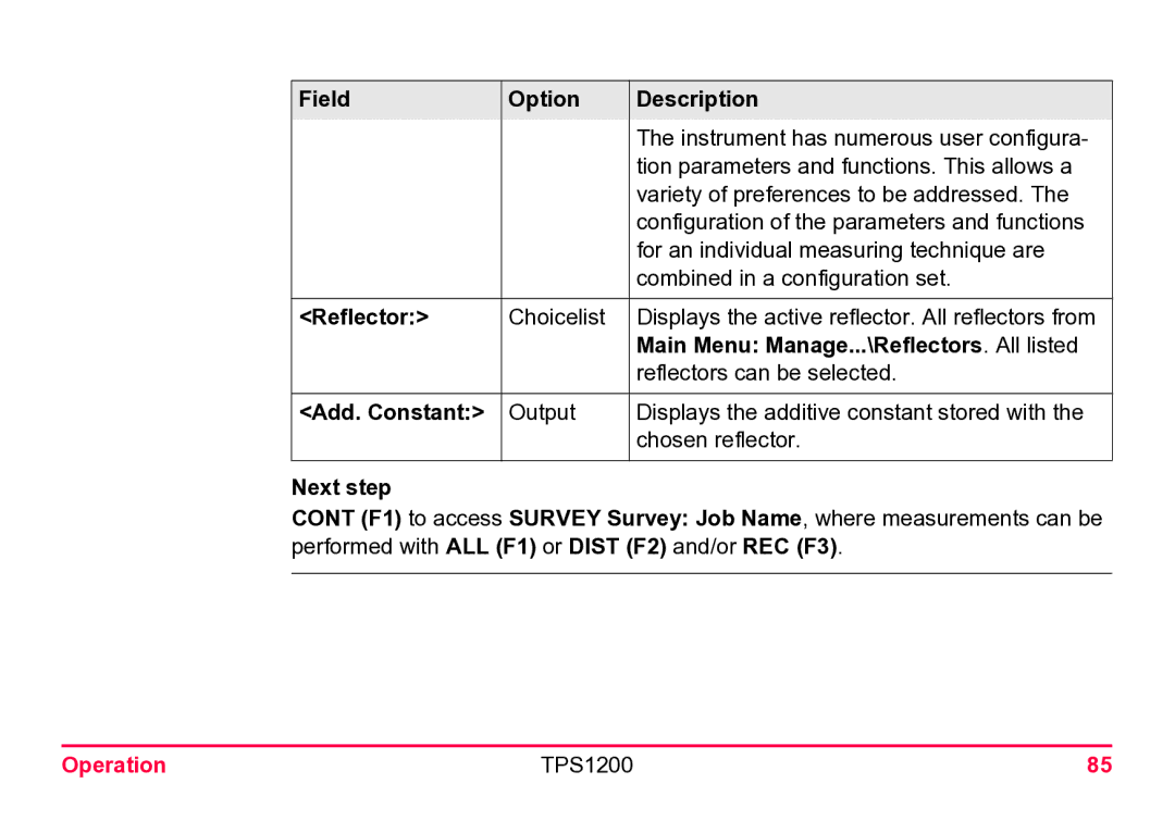 Leica TPS1200 user manual Field Option Description, Main Menu Manage...\Reflectors. All listed, Add. Constant, Next step 