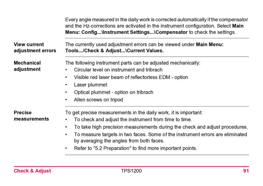 Leica TPS1200 user manual View current, Adjustment 