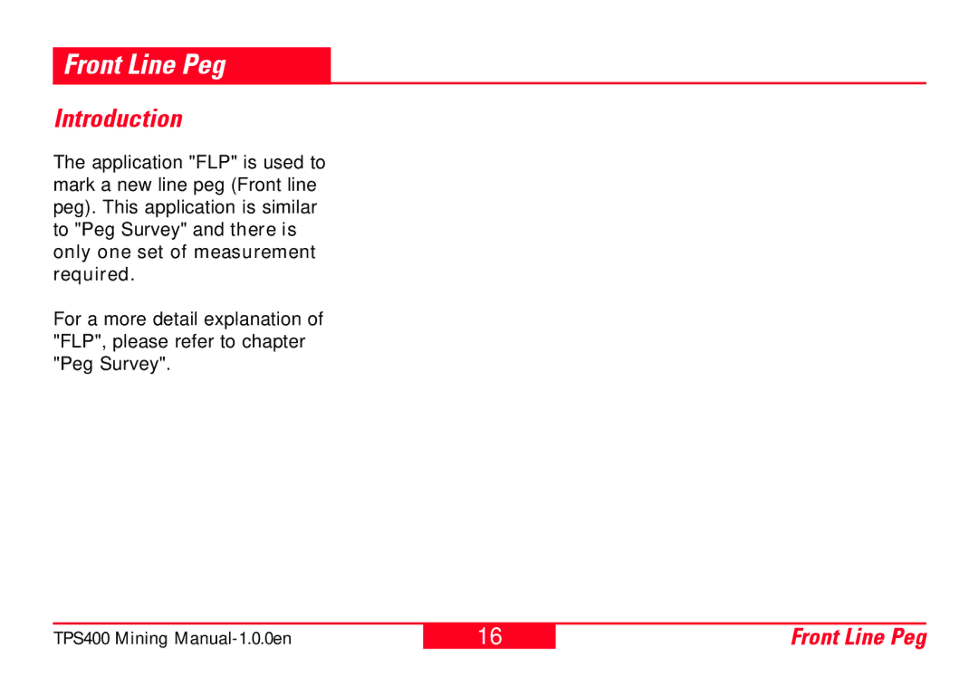 Leica TPS400 user manual Front Line Peg, Introduction 