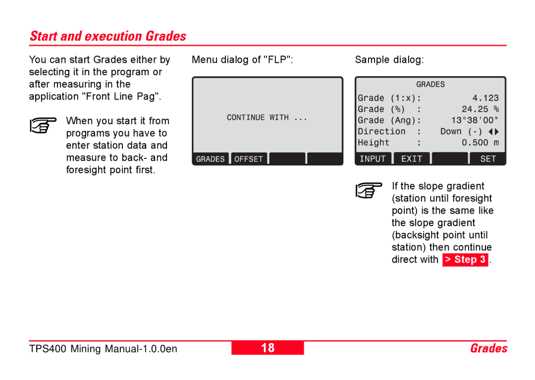 Leica TPS400 user manual Start and execution Grades 