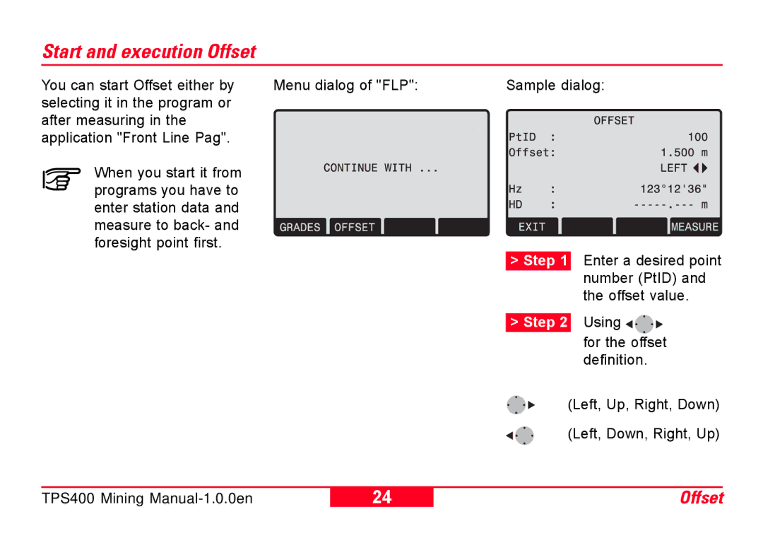 Leica TPS400 user manual Start and execution Offset 