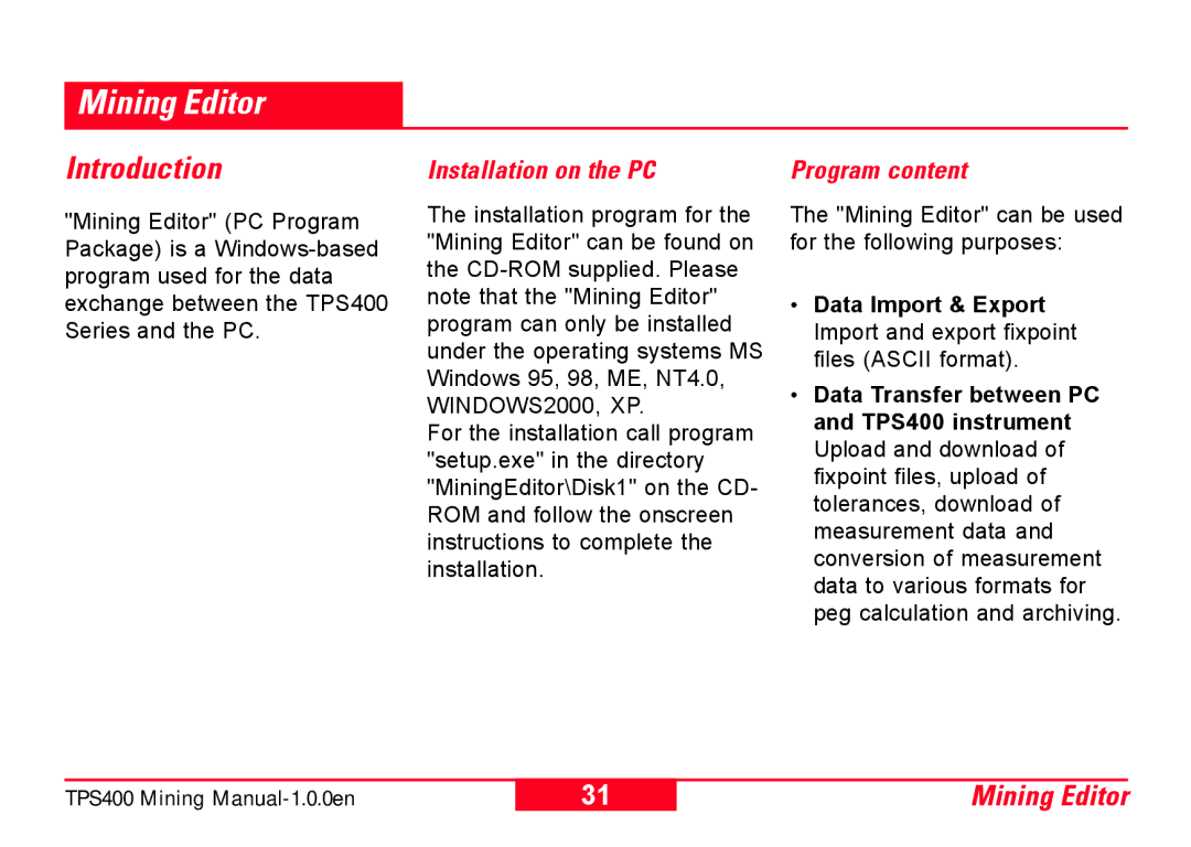 Leica TPS400 user manual Mining Editor, Installation on the PC, Program content 