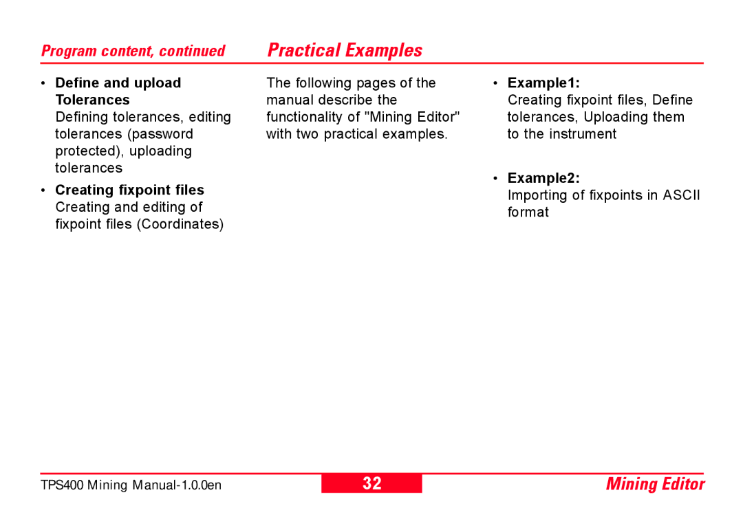 Leica TPS400 user manual Practical Examples, Define and upload Tolerances, Example1, Example2 