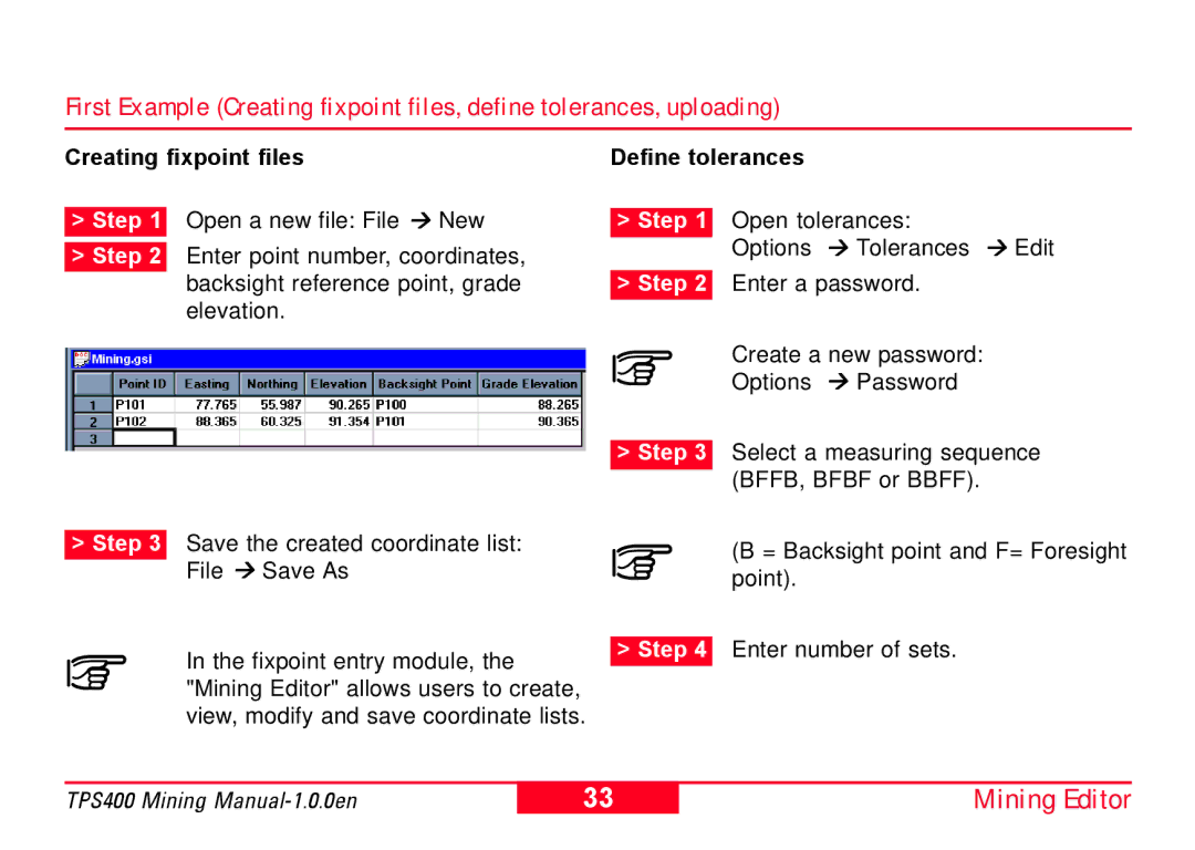 Leica TPS400 user manual Creating fixpoint files Define tolerances, File ! Save As 