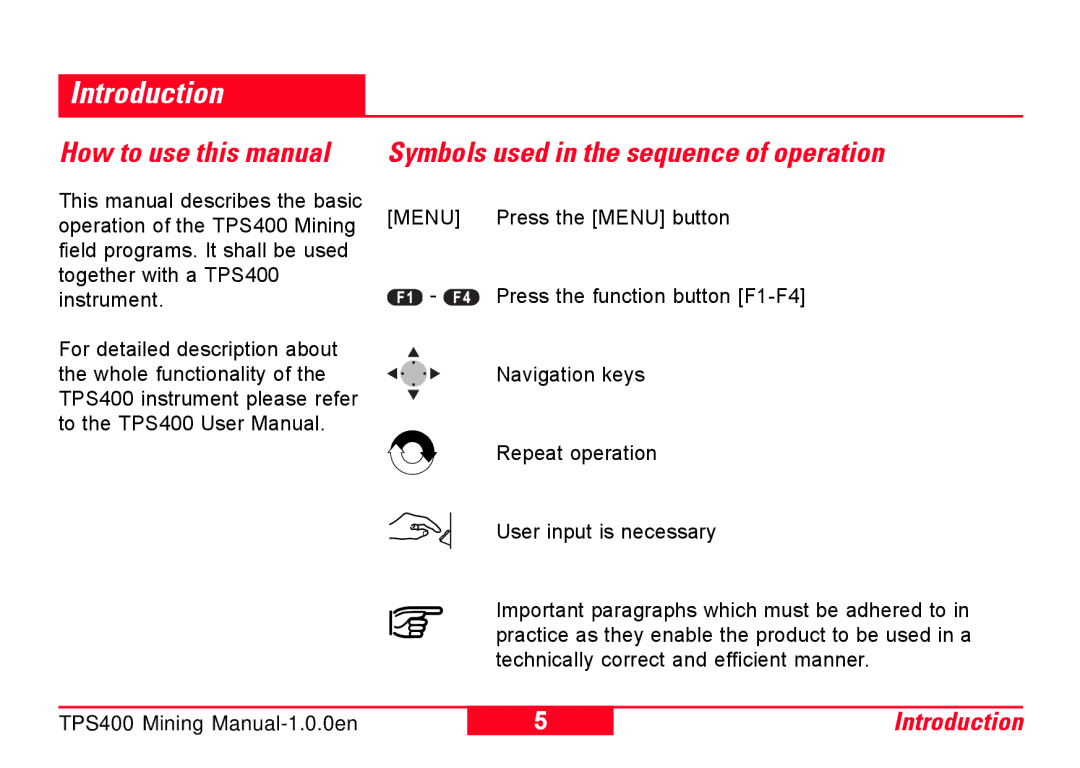 Leica TPS400 user manual Introduction, How to use this manual, Symbols used in the sequence of operation 