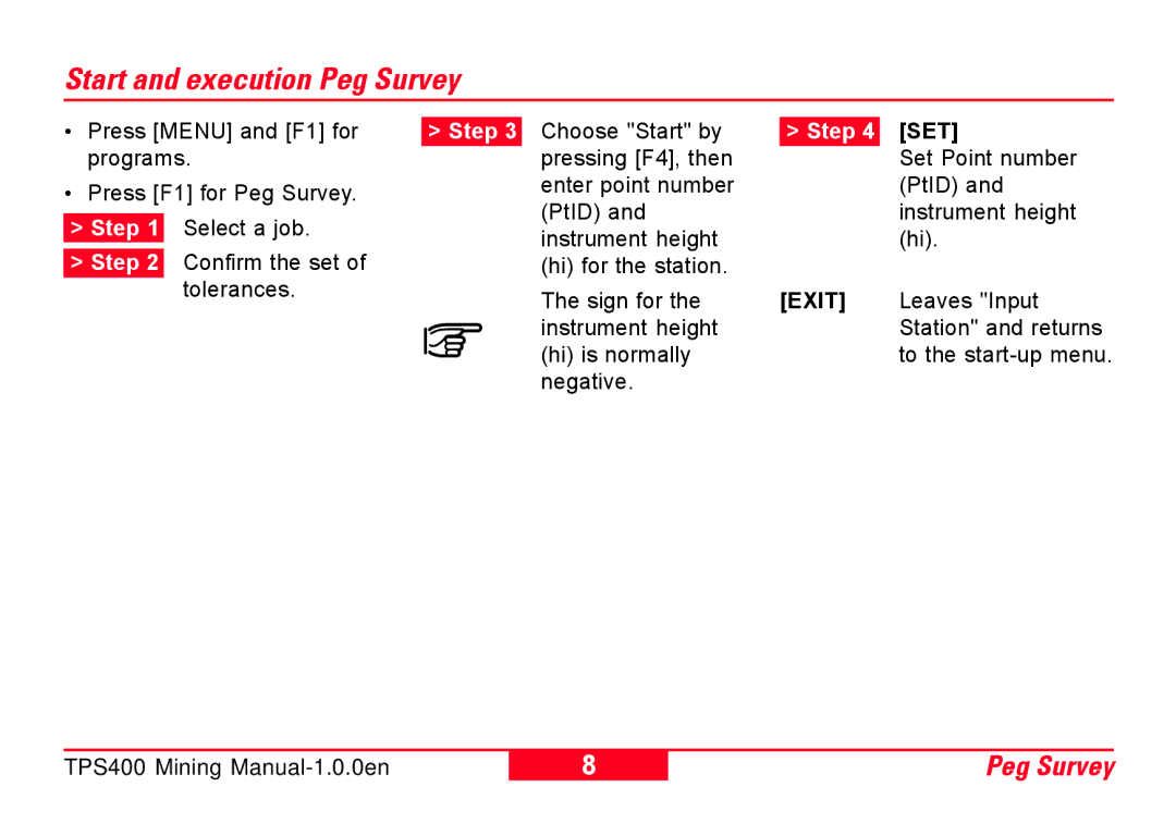 Leica TPS400 user manual Start and execution Peg Survey, Step 