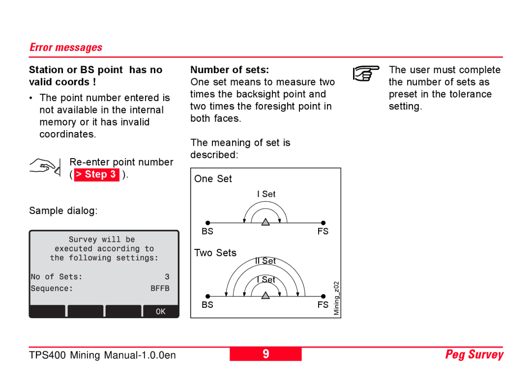 Leica TPS400 user manual Error messages, Station or BS point has no Number of sets, Valid coords 