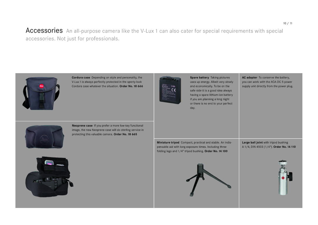 Leica V-LUX 1 manual Folding legs and 1/4 tripod bushing. Order No 