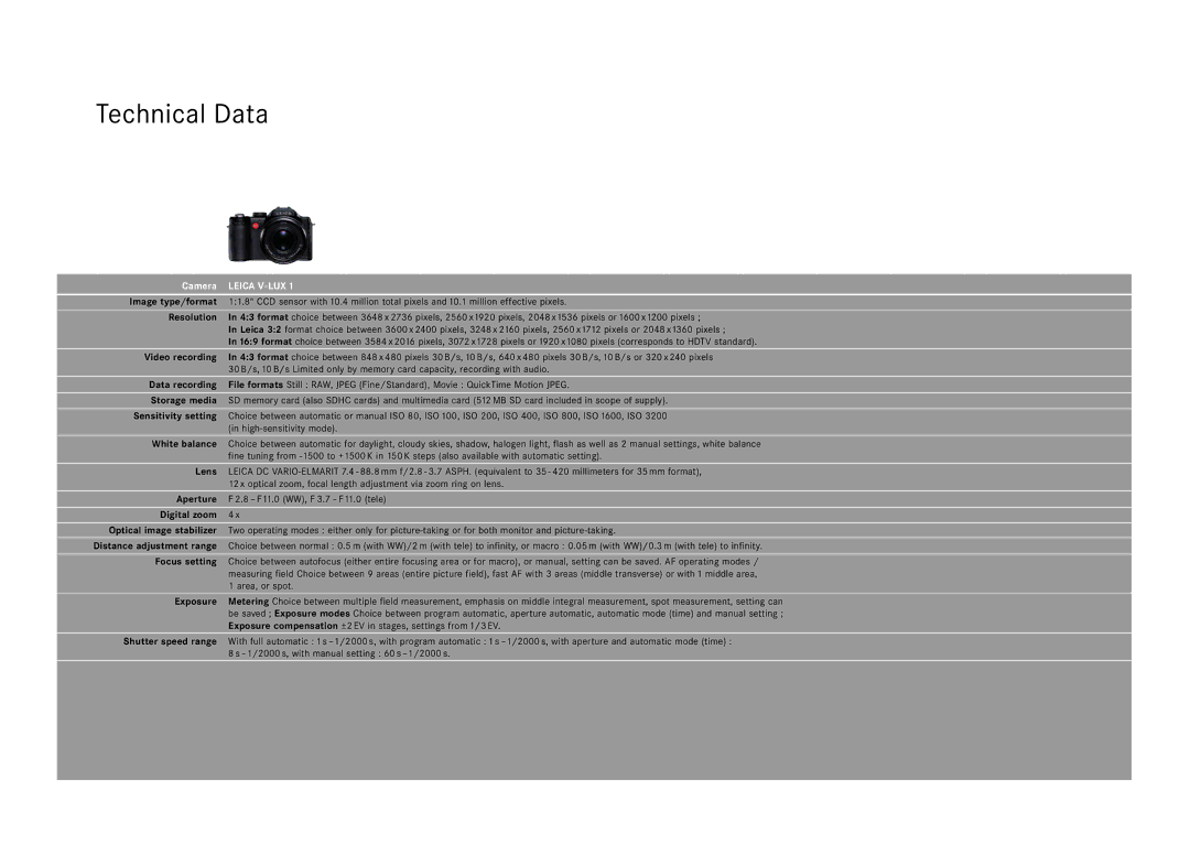 Leica V-LUX 1 manual Technical Data 