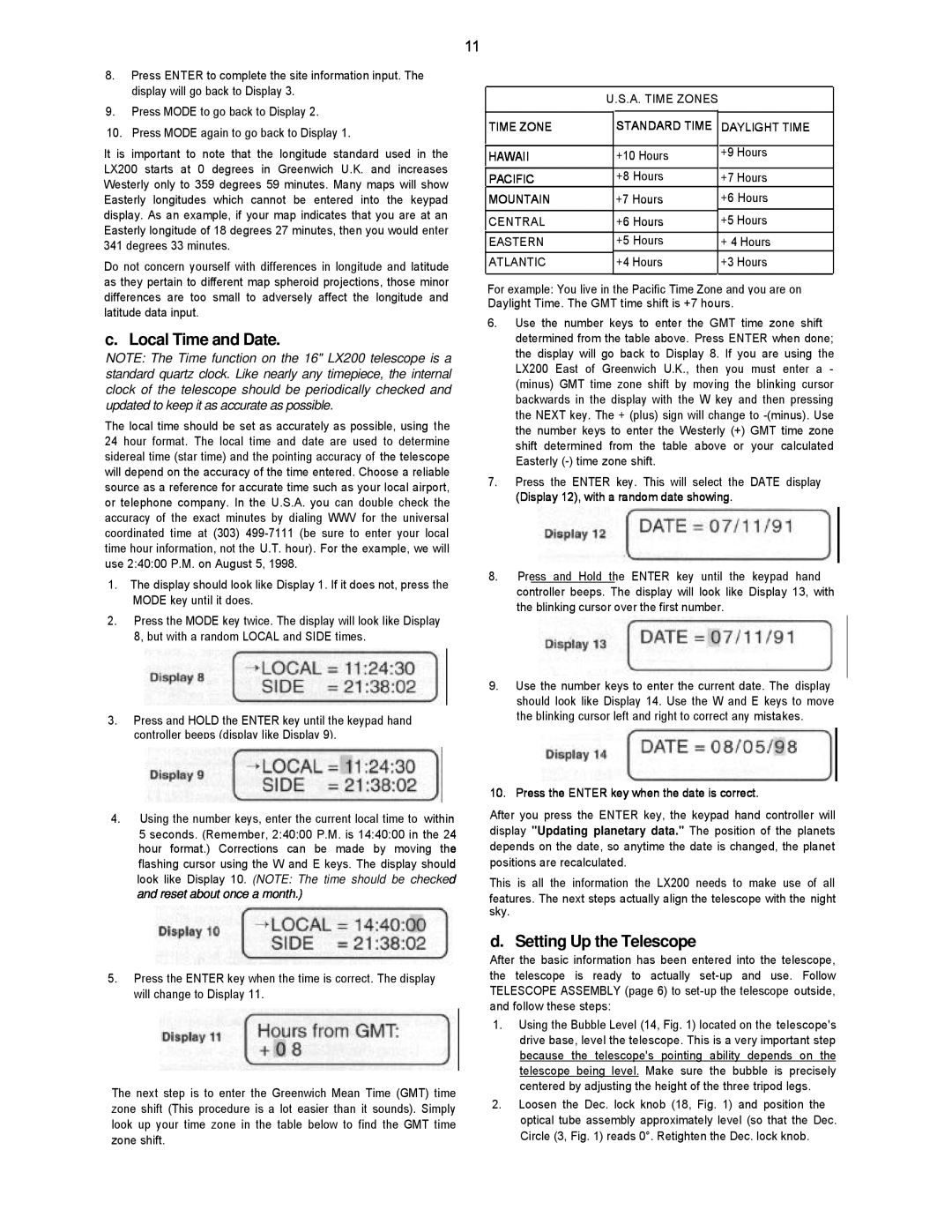 Leisure Time LX20 instruction manual c. Local Time and Date, d. Setting Up the Telescope 