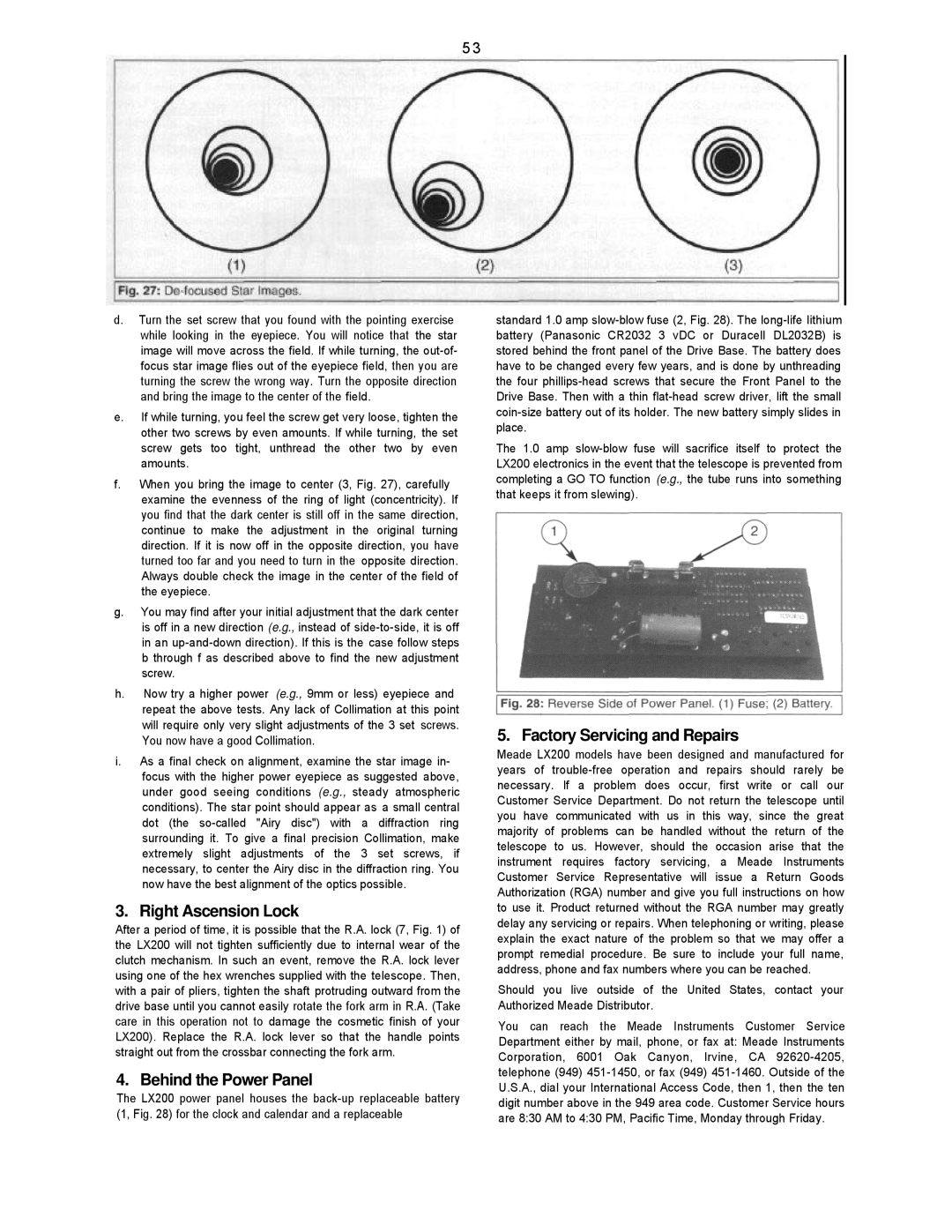 Leisure Time LX20 instruction manual Right Ascension Lock, Behind the Power Panel, Factory Servicing and Repairs 