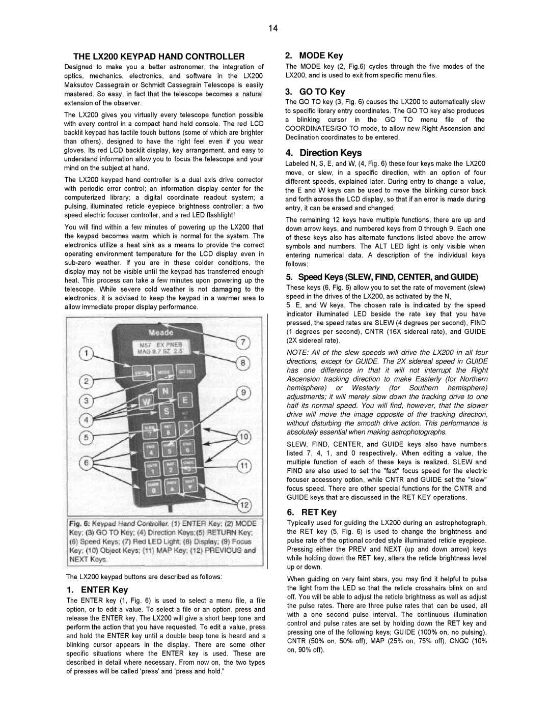 Leisure Time instruction manual Direction Keys, LX200 Keypad Hand Controller 