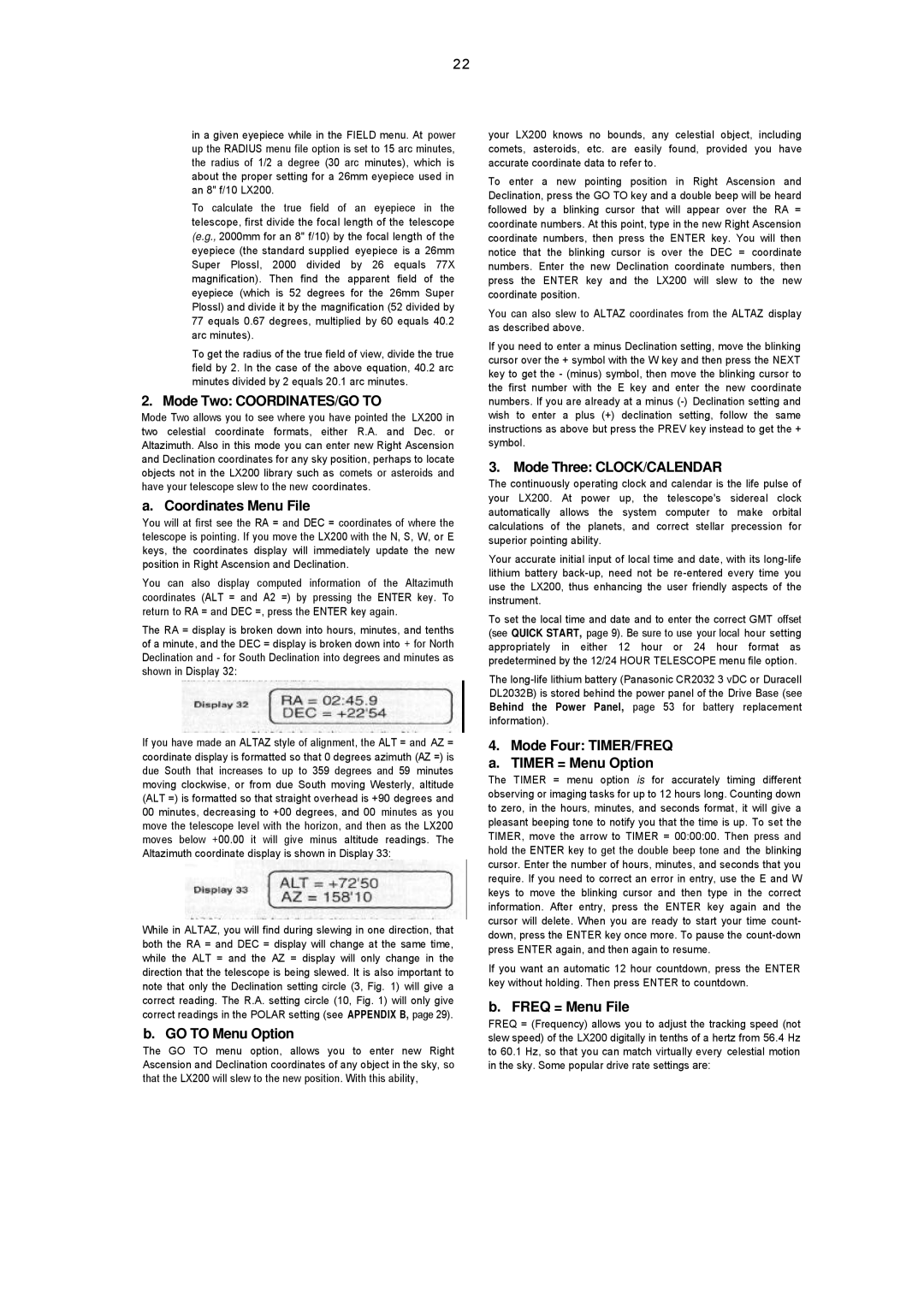 Leisure Time LX20 Mode Two COORDINATES/GO to, Coordinates Menu File, GO to Menu Option, Mode Three CLOCK/CALENDAR 