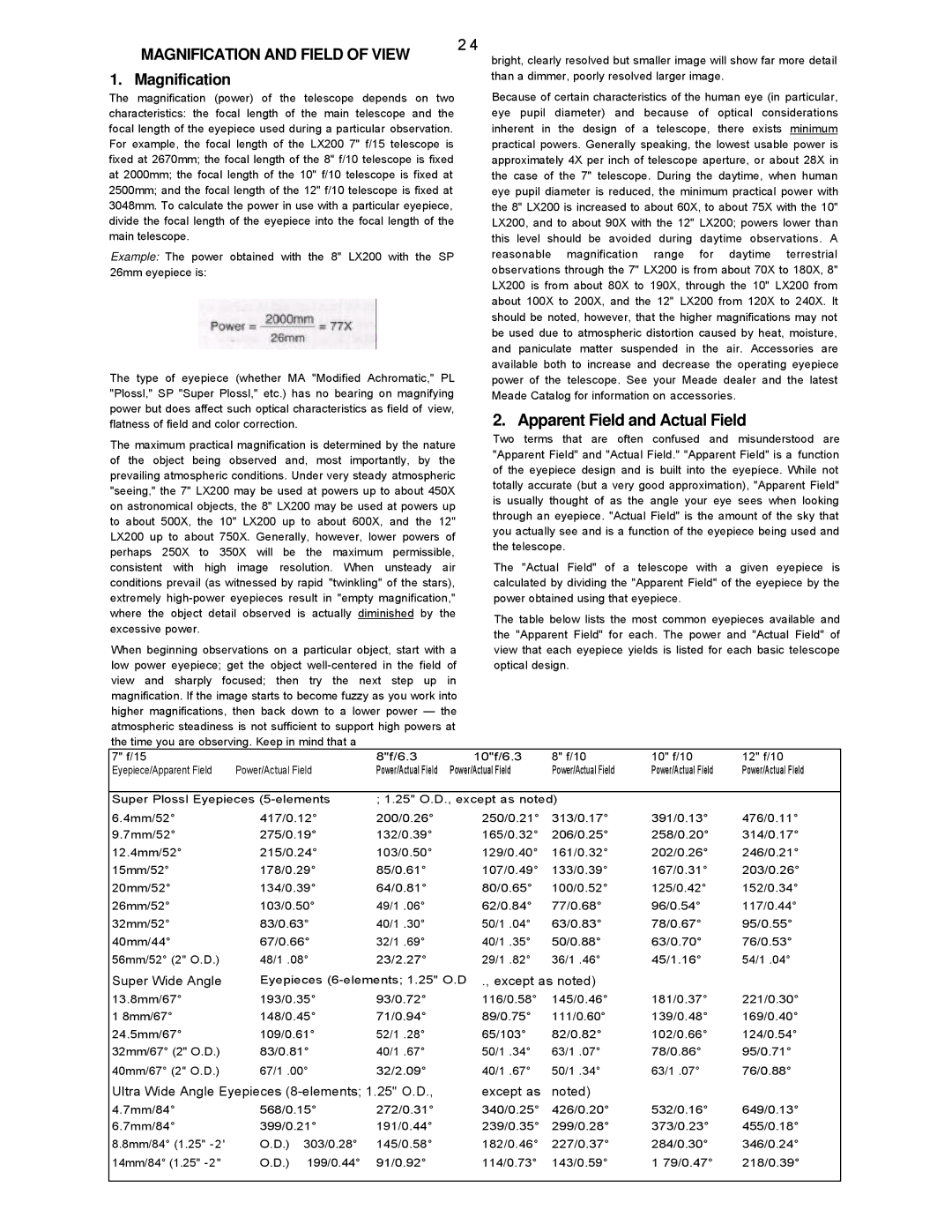 Leisure Time LX20 instruction manual Apparent Field and Actual Field, Magnification and Field of View 