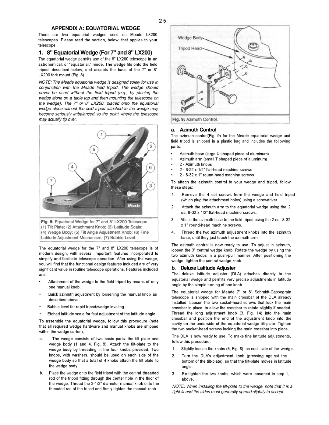 Leisure Time Equatorial Wedge For 7 and 8 LX200, Appendix a Equatorial Wedge, Azimuth Control, Deluxe Latitude Adjuster 