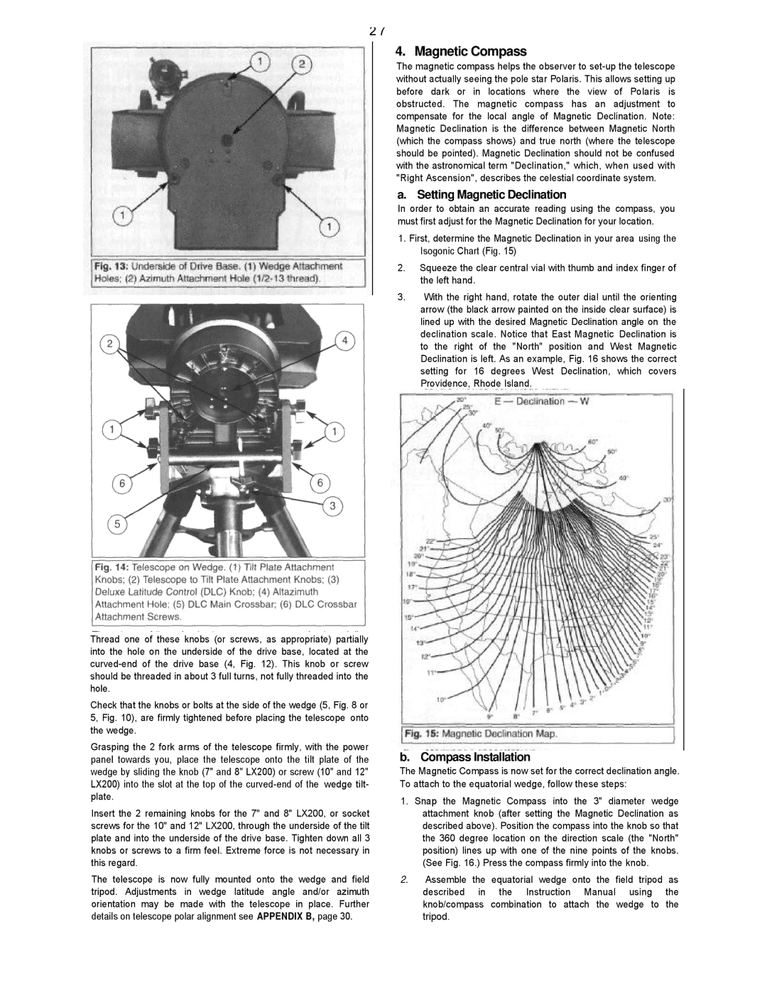 Leisure Time LX20 instruction manual Magnetic Compass, Setting Magnetic Declination, Compass Installation 