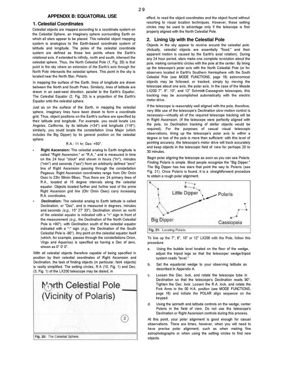 Leisure Time LX20 instruction manual Appendix B Equatorial USE, Celestial Coordinates, Lining Up with the Celestial Pole 