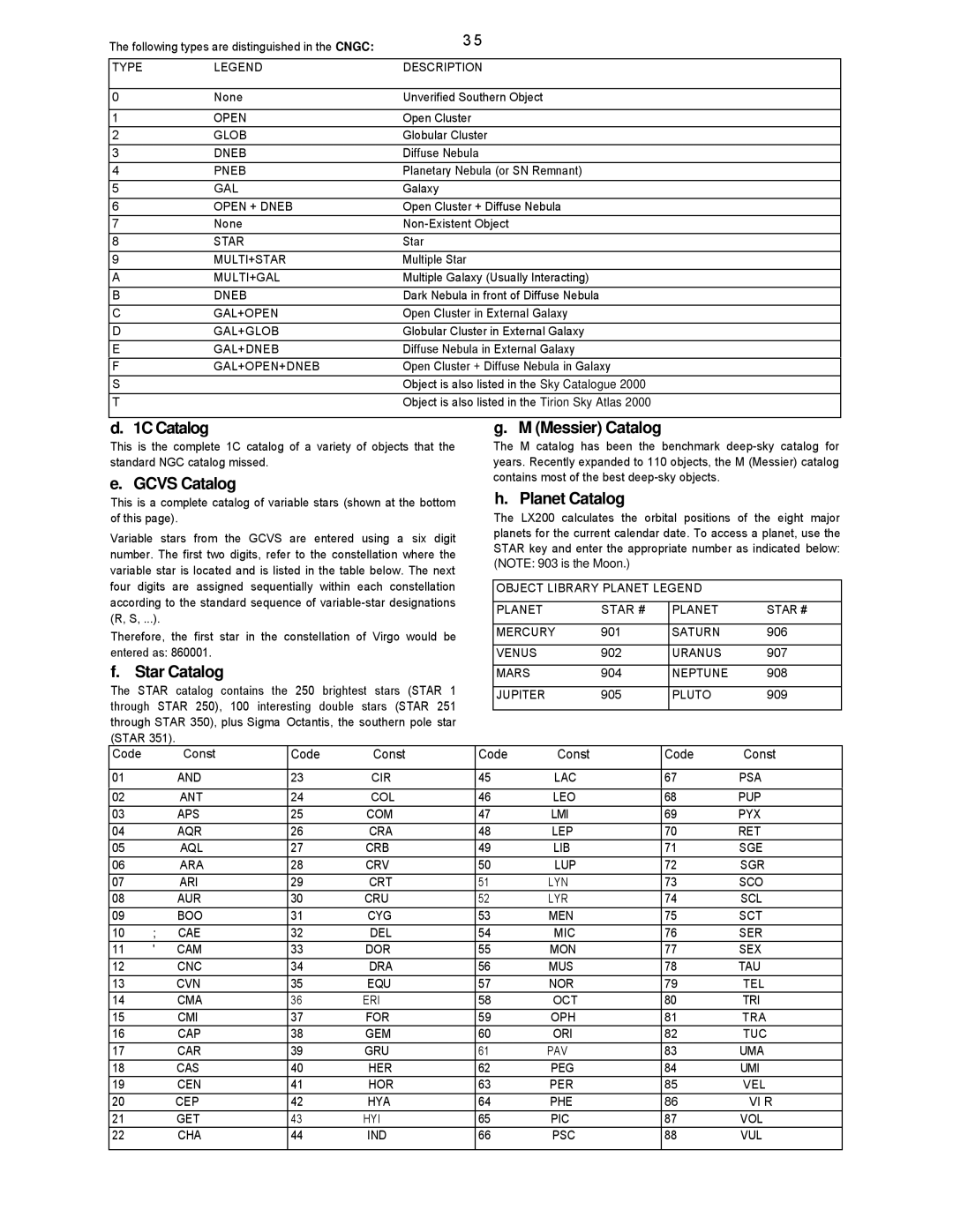 Leisure Time LX20 instruction manual 1C Catalog, Gcvs Catalog, Star Catalog, Messier Catalog, Planet Catalog 