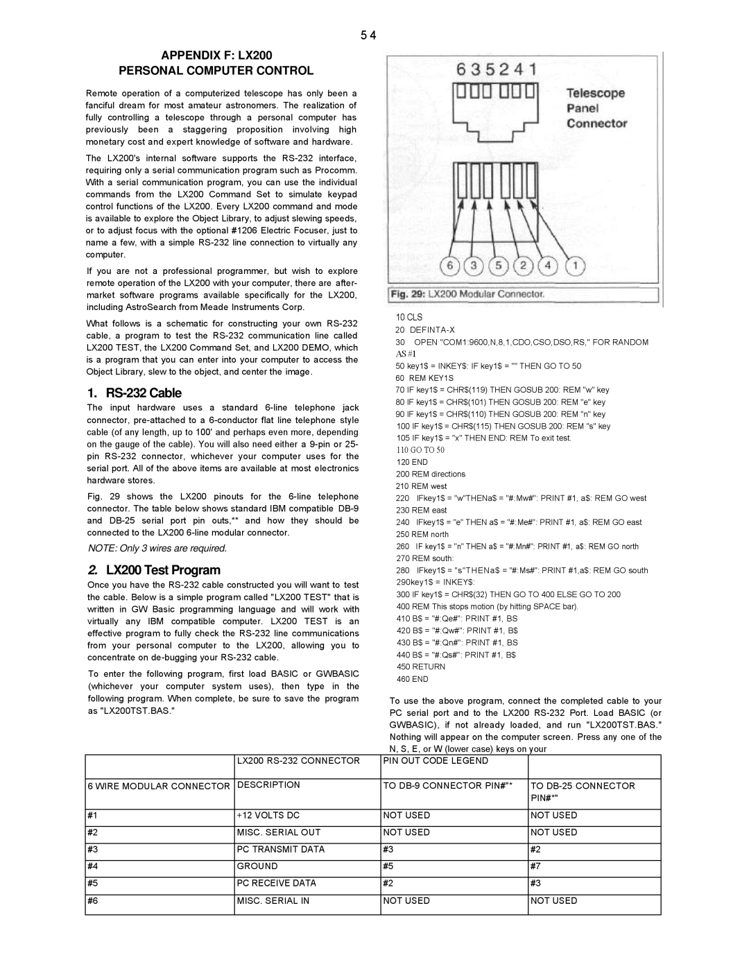 Leisure Time instruction manual RS-232 Cable, LX200 Test Program, Appendix F LX200 Personal Computer Control 