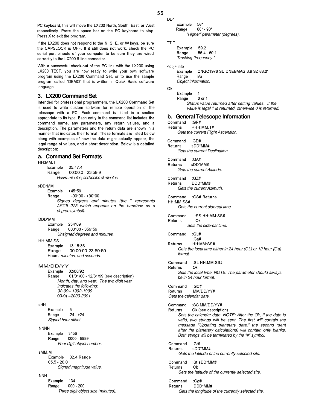 Leisure Time instruction manual LX200 Command Set, Command Set Formats, General Telescope Information 