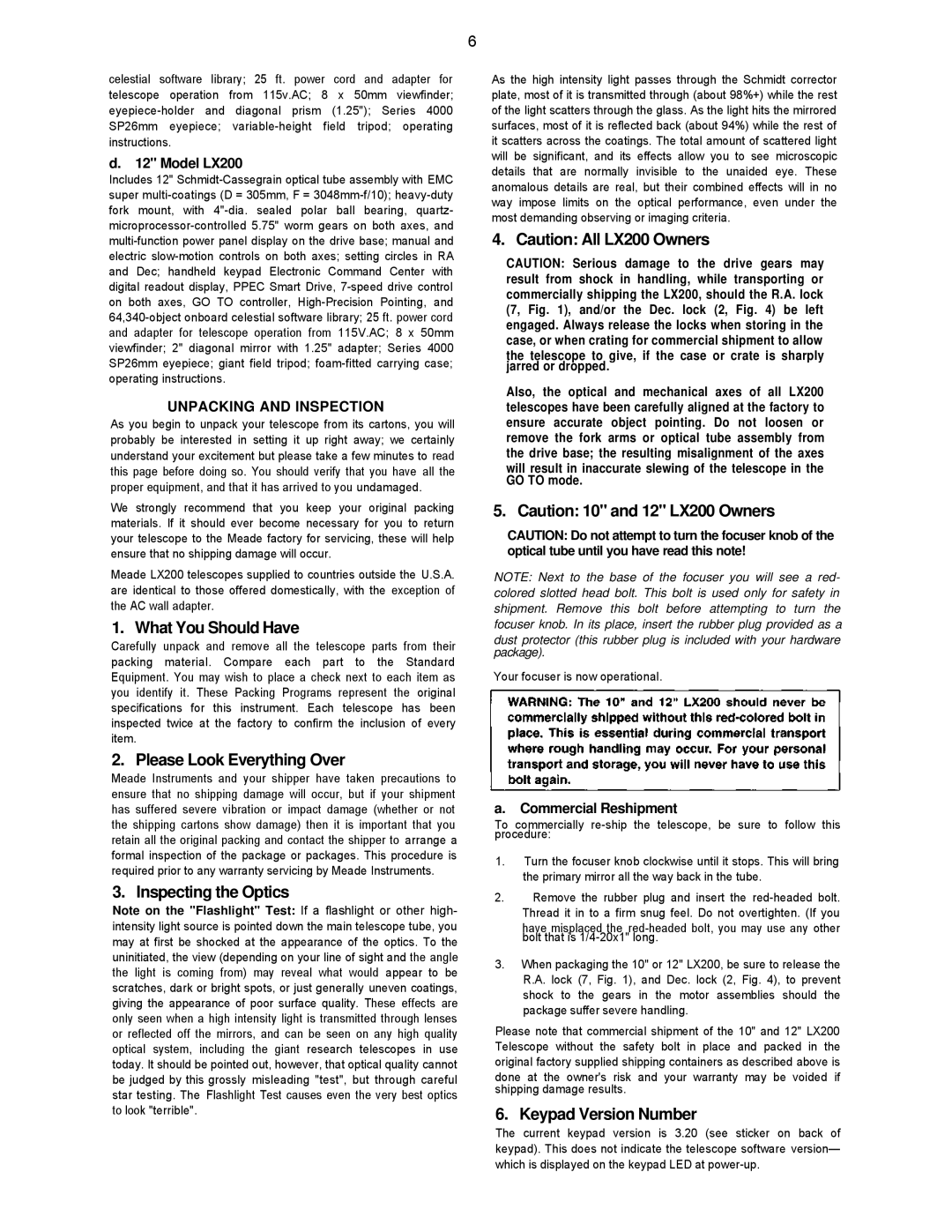 Leisure Time LX20 What You Should Have, Please Look Everything Over, Inspecting the Optics, Keypad Version Number 