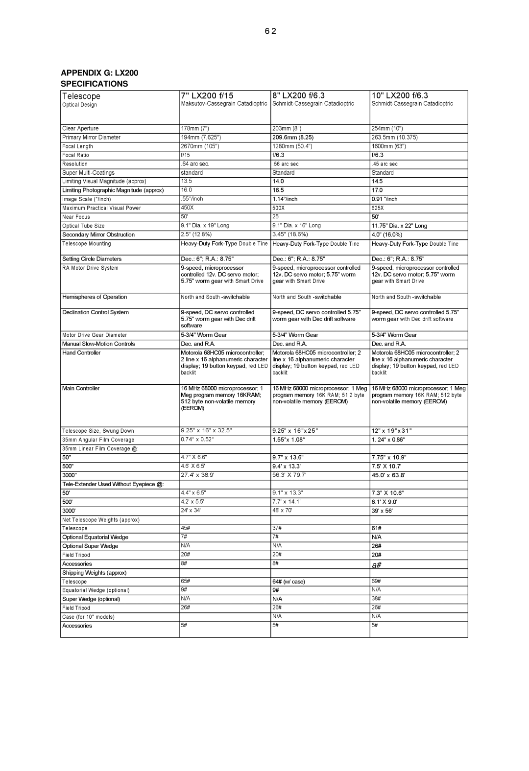 Leisure Time instruction manual Telescope, Appendix G LX200 Specifications 