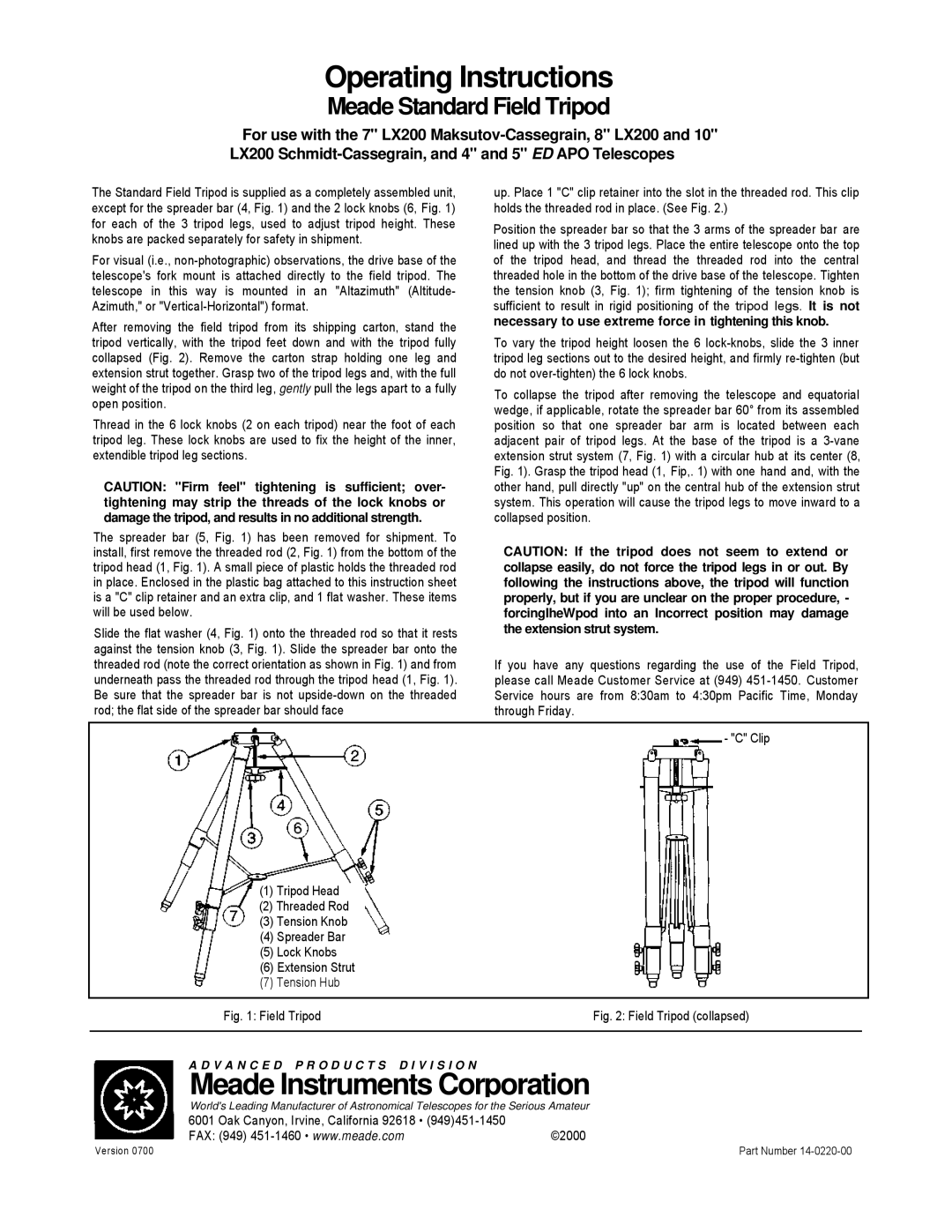 Leisure Time LX20 instruction manual Field TripodFig Field Tripod collapsed, Oak Canyon, Irvine, California 92618 2000 