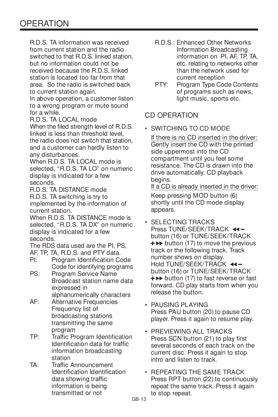 Lenco Marine CS-1004 owner manual CD Operation, Switching to CD Mode, Selecting Tracks, Pausing Playing 