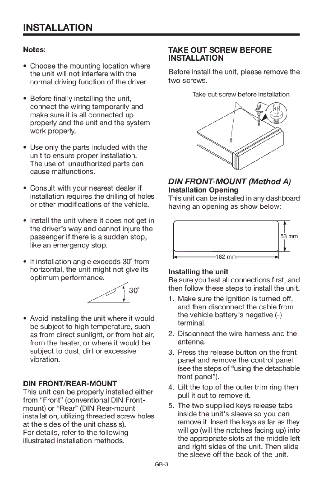 Lenco Marine CS-1004 owner manual Take OUT Screw Before Installation, Din Front/Rear-Mount, Installation Opening 