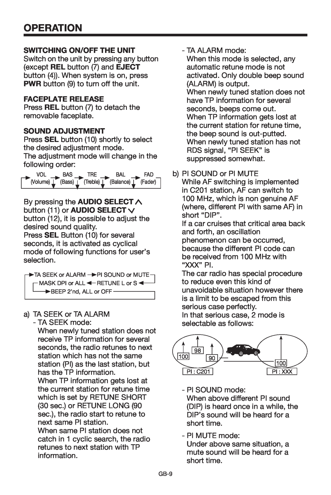 Lenco Marine CS-1004 owner manual Operation, Faceplate Release, Sound Adjustment 