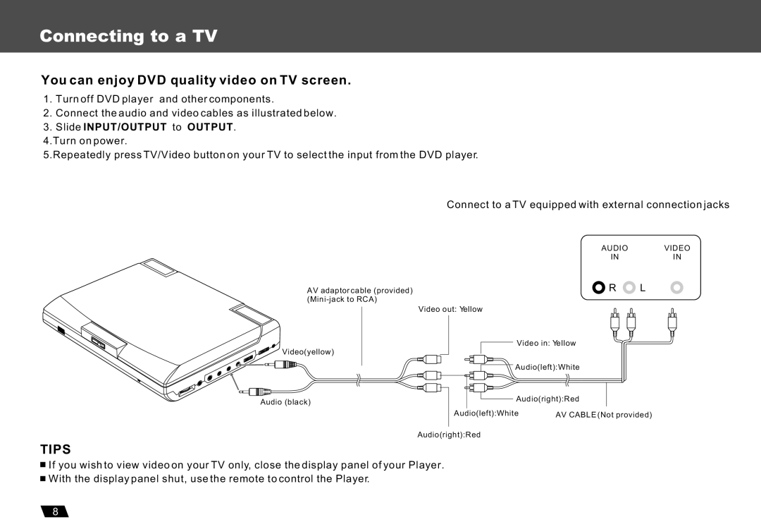 Lenco Marine DVP-722 Connecting to a TV, You can enjoy DVD quality video on TV screen, Tips, Slide INPUT/OUTPUT to Output 