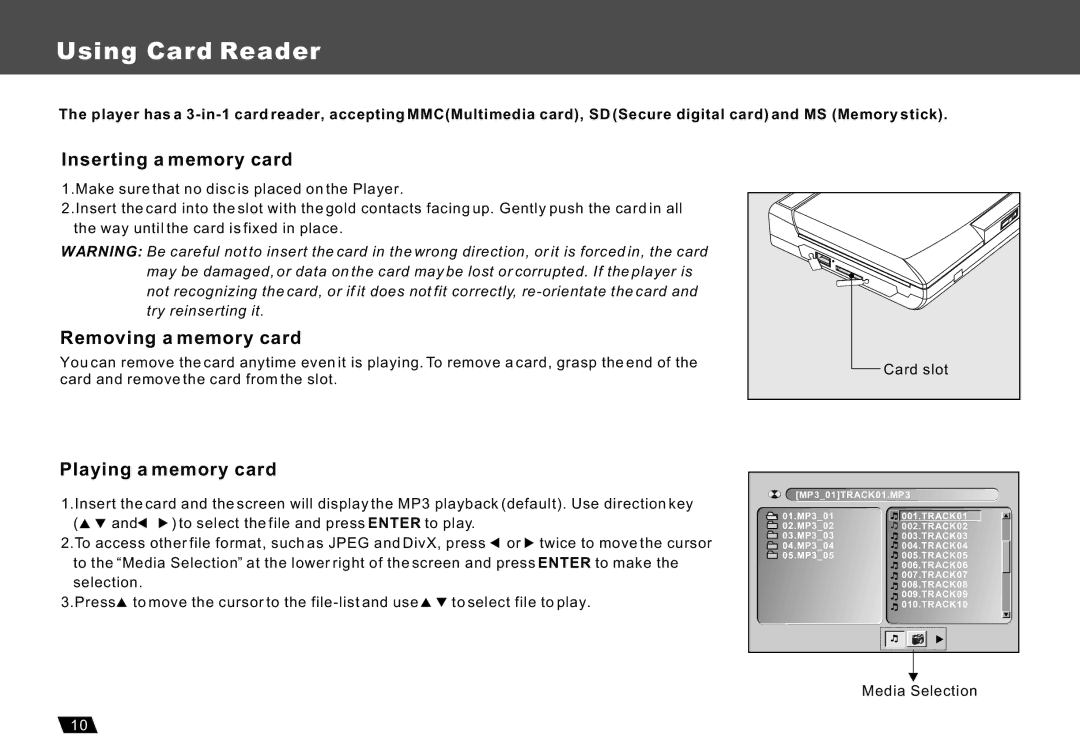 Lenco Marine DVP-722 owner manual Using Card Reader, Inserting a memory card, Removing a memory card, Playing a memory card 