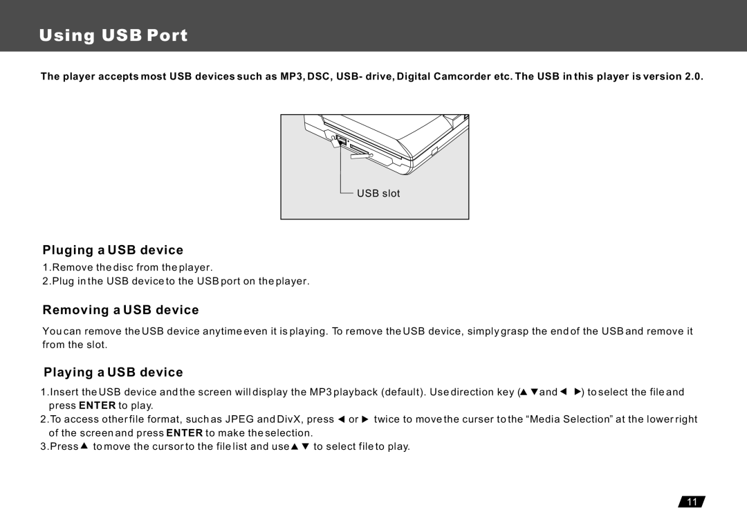 Lenco Marine DVP-722 owner manual Using USB Port, Removing a USB device, Playing a USB device 