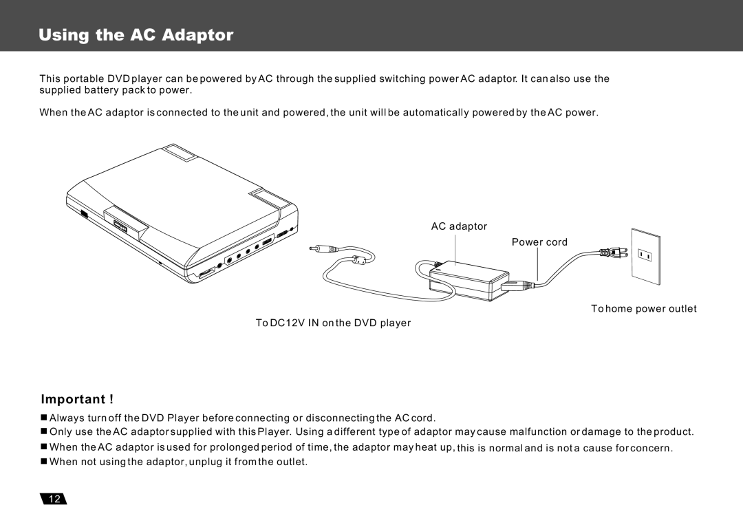 Lenco Marine DVP-722 owner manual Using the AC Adaptor 