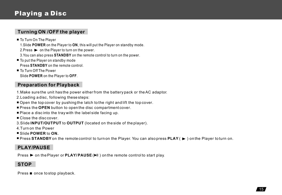 Lenco Marine DVP-722 owner manual Playing a Disc, Turning on /OFF the player, Preparation for Playback, Play/Pause, Stop 