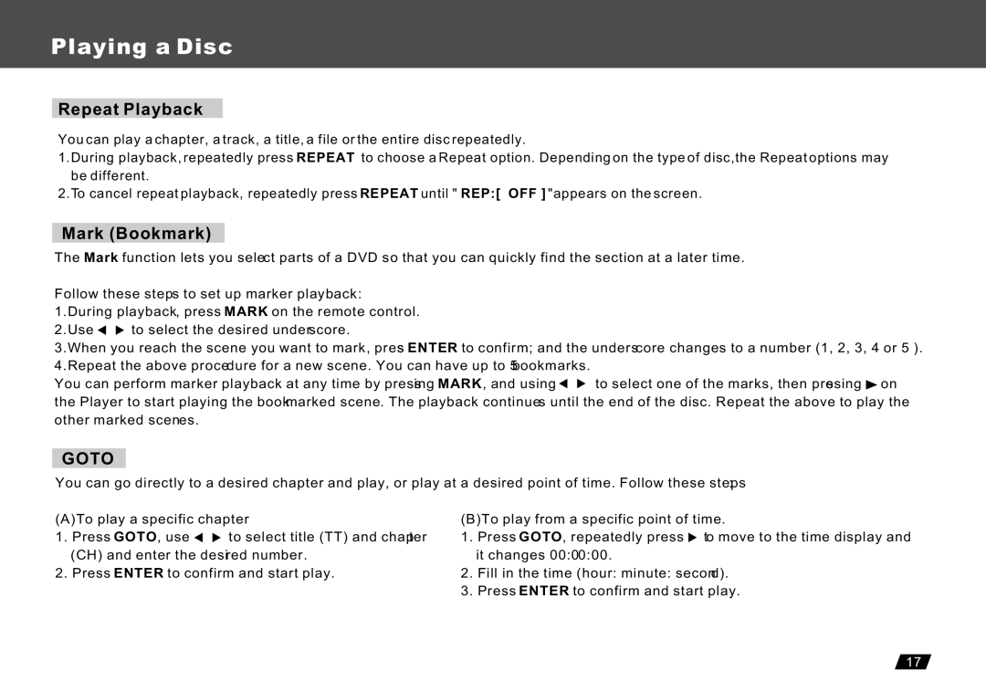 Lenco Marine DVP-722 owner manual Repeat Playback, Mark Bookmark, Goto 