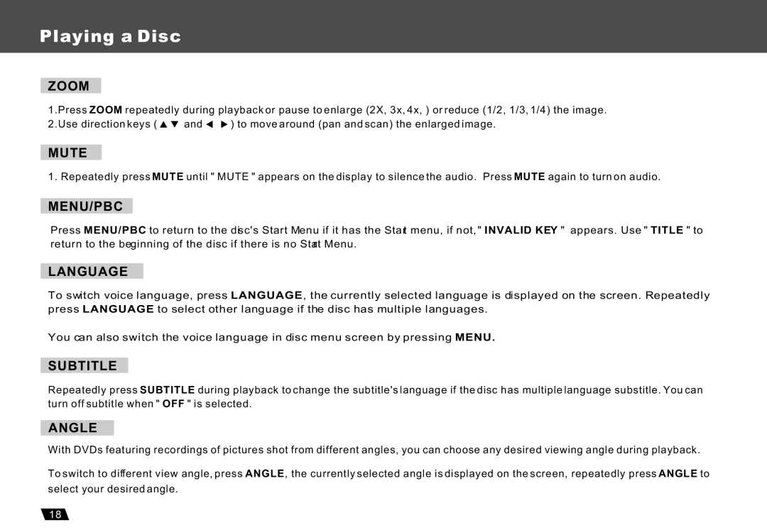 Lenco Marine DVP-722 owner manual Zoom, Mute, Menu/Pbc, Language, Subtitle, Angle 