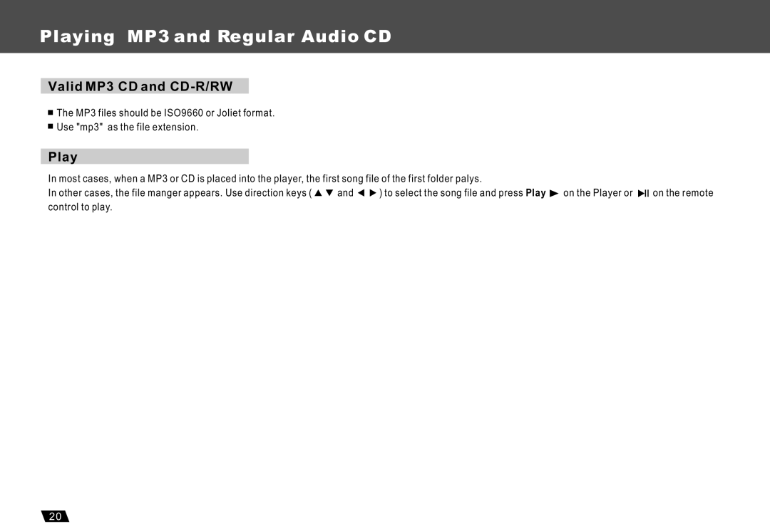 Lenco Marine DVP-722 owner manual Playing MP3 and Regular Audio CD, Valid MP3 CD and CD-R/RW 